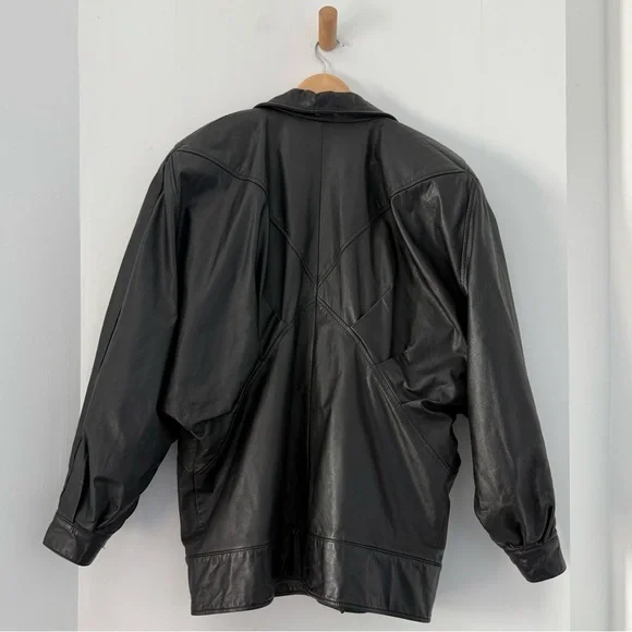 Vintage black leather oversized double breasted jacket - size 2 (Small) - Picture 6 of 7